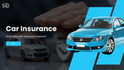 Car Insurance PPT with blue theme, car image, shield icons, modern shapes and clean structured slide layouts.