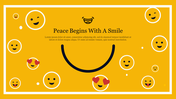 Playful design featuring various smiling emoticons and a bold curved smile design, on a yellow background framed in white.