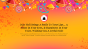 Colorful Holi greeting with vibrant traditional patterns, drums, and decorative elements on a gradient orange background.