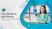 PowerPoint slide featuring a smiling doctor with a stethoscope, emphasizing health and care on a blue and white theme.