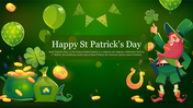 St. Patrick's Day illustration with decorations, clover leaves, gold coins, and a bearded leprechaun holding a shamrock.