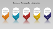 Infographic design with five colorful rounded markers containing icons and placeholder text on a light gray background.