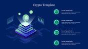 Crypto PowerPoint slide with icons for cryptocurrency and blockchain technologies, featuring a stacked graphic and symbols.