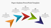 Five colored paper airplane graphics with icons and placeholder text.