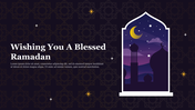 Ramadan-themed slide featuring a crescent moon and mosque silhouette framed in an arch against a starry night background.