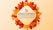Creative autumn slide with a quote about fall, surrounded by orange, yellow, and red leaves, set against a light background.