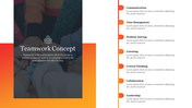 Teamwork concept PowerPoint template with a collaborative group image and a list of key skills with placeholder text.