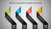 A slide featuring a business infographic template with four steps, each represented by a colored icon and description.