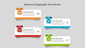 Four horizontal business infographic text boxes with ribbon-style tabs in varying colors, showcasing numbers and icons.