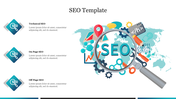 SEO slide with a magnifying glass highlighting global map and digital icons, and three text categories on the left.