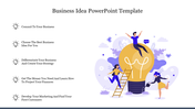 Business idea PowerPoint template with key steps to succeed on a white backdrop with illustrations.