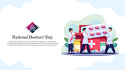 National Doctors' Day illustration with three doctors, medical supplies, and a red first-aid kit next to descriptive text.