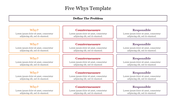 Problem solving slide using a five whys framework, with orange, red, and purple-bordered boxes organized in three columns.