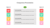 Comparison presentation slide with two options, featuring check and cross icons to show differences between items.