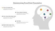 Brainstorming slide with a gray head silhouette, featuring five segmented colored brain regions with matching bullet points.