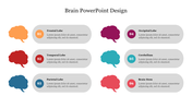 Brain-themed slide with colorful brain graphics and six labeled caption areas in boxes for their parts.