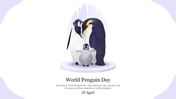 Central illustration of a penguin family on an icy platform, surrounded by soft purple wave like borders.