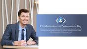 Smiling man in a suit writing at a desk, with a blue gradient banner on the right displaying the text.