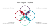 Venn diagram template with four intersecting colored circles around a central point, each linked to placeholder text blocks.