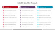 Template with three checklists, each containing steps, with color coded checkboxes on a white theme.