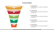Five step funnel diagram slide with colorful sections representing various stages of a process on a white backdrop.