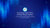 Blue technology themed background with glowing circuit patterns and a centered icon of gears above a motivational quote.