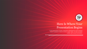 Red gradient background with sunburst rays extending from the right, featuring a circular icon and text.