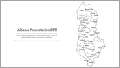 Albania map outline with labeled cities on the right and a text area with title, set against a white background.