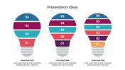 Creative lightbulb diagram PPT slide illustrating presentation ideas with colorful segments and labels with placeholder text.