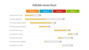 Horizontal Gantt chart with orange, blue, red, and green month headers and yellow progress bars across task rows.