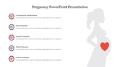 A slide featuring a silhouette of a pregnant woman with a red heart icon and five timeline sections on the left.
