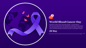World blood cancer slide with a ribbon, butterflies, and a globe silhouette in a circular frame, on a dark purple backdrop.
