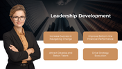 Leadership development slide with a businesswoman in a suit on the left and four text boxes on the right, listing key points.