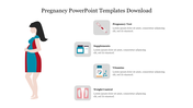 Illustration of a pregnant woman with icons for pregnancy test, supplements, vitamins, and weight control on the right.