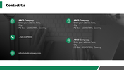 Slide with a black and white keyboard background, featuring five green circular icons with contact details.