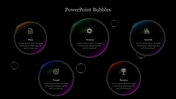 Dark themed slide with five glowing bubbles, each containing an icon, a heading, and text, arranged in a scattered layout.