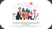 Illustration of people engaging in eco friendly activities with a panda, trees, wind turbines, and a solar panel.