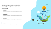 Ecology PowerPoint slide featuring an illustration of wind turbines, plants, and a power plug, with a list of ecology types.