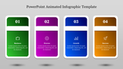 Four vertical rounded cards with gradient colors in green, purple, blue, and orange, each numbered and containing icons.