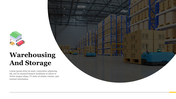 Slide showcasing a modern warehouse with organized storage racks and autonomous machines moving packages.