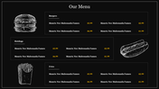 Black menu template with white outline illustrations of a burger, hotdog, and fries, featuring yellow prices.