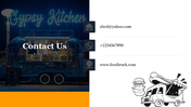 Split layout featuring a night lit food truck on the left and contact details with three icons on the right.