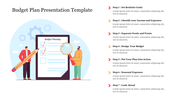 Budget planning plan PPT template with seven steps, featuring a checklist, pencil, and magnifying glass illustration.