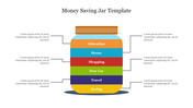 A colorful money saving jar slide with labeled sections from education to saving with placeholder text.