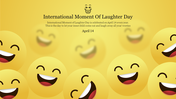 Illustration celebrating International Moment of Laughter Day with smiling emojis on a yellow background.