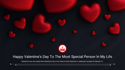 Dark background filled with red hearts of various size, with a Valentine’s Day greeting and a love letter icon in the center.