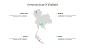 Gray map of Thailand with four location markers in purple, green, blue, and red, highlighting key cities with text.