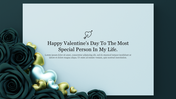 Light blue background with central Valentine’s message, bordered by sculpted teal roses and glossy gold and blue hearts.