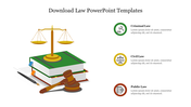 Law themed slide featuring scales of justice, books, a gavel, and three icons and text on the right.