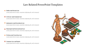 Legal template with illustrated Lady Justice and law elements on the right, and six bullet points listing types.